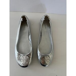 Tory Burch Womens Silver Leather Minnie Travel Ballet Flats Silver Size 10